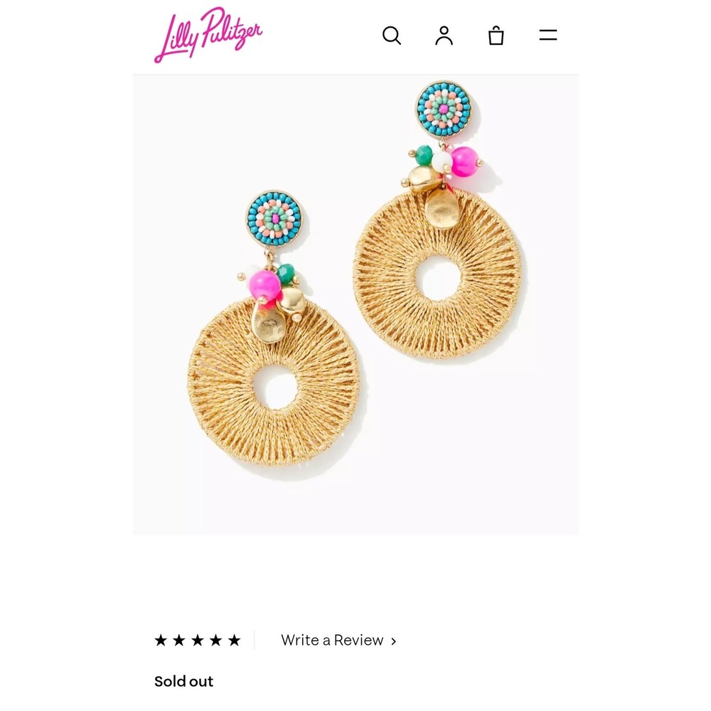 Lilly Pulitzer Cabana Cocktail Earrings Gold Raffia Beaded Drop NEW - Picture 2 of 5
